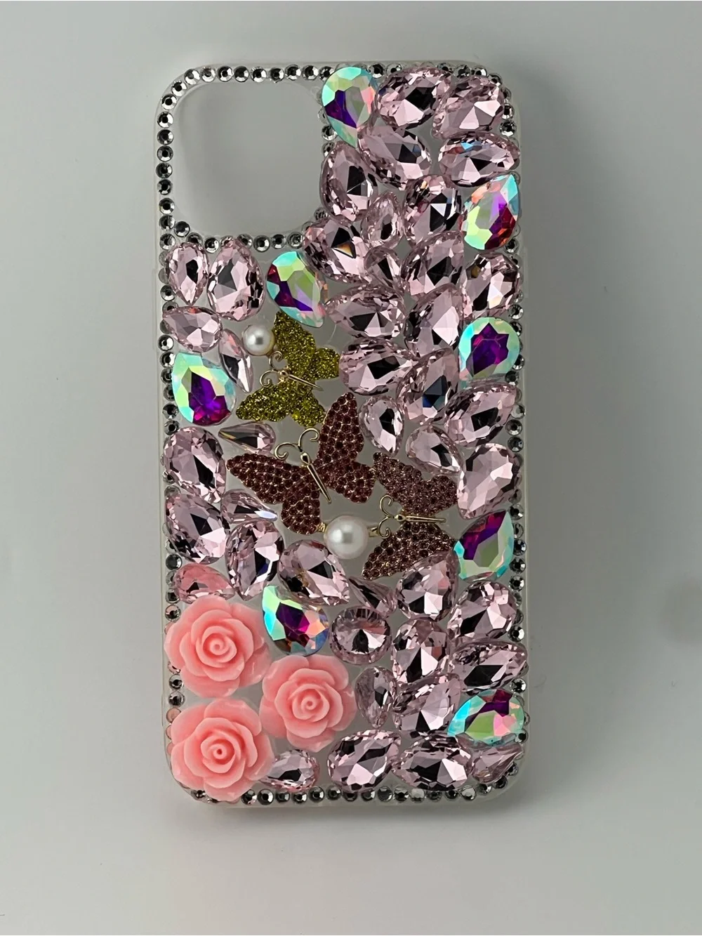 Pink Crystal Butterfly & Rose Embellished Phone 15 plus Case